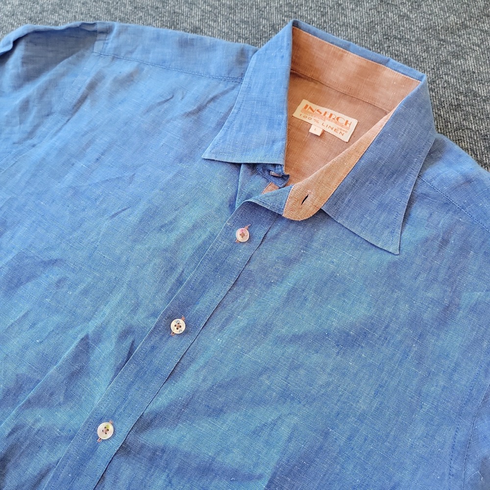 Inserch Linen Shirt Men's Large Blue Chambray Short Sleeve Button Up